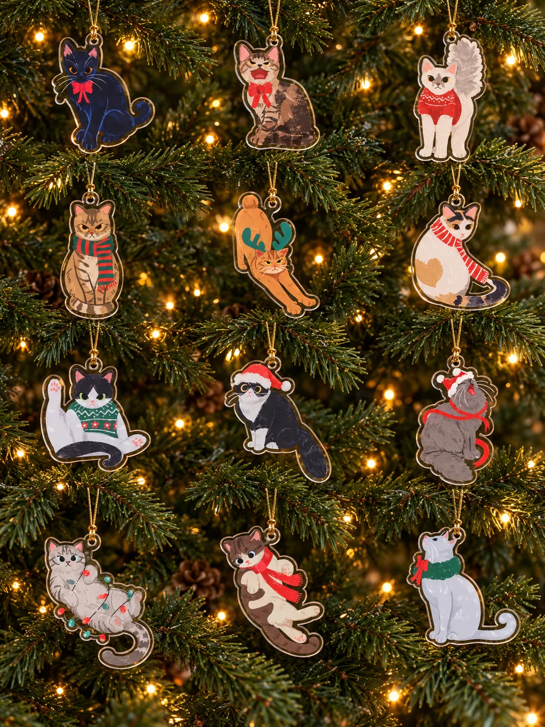 Doze gatinhos em ornamentos natalinos